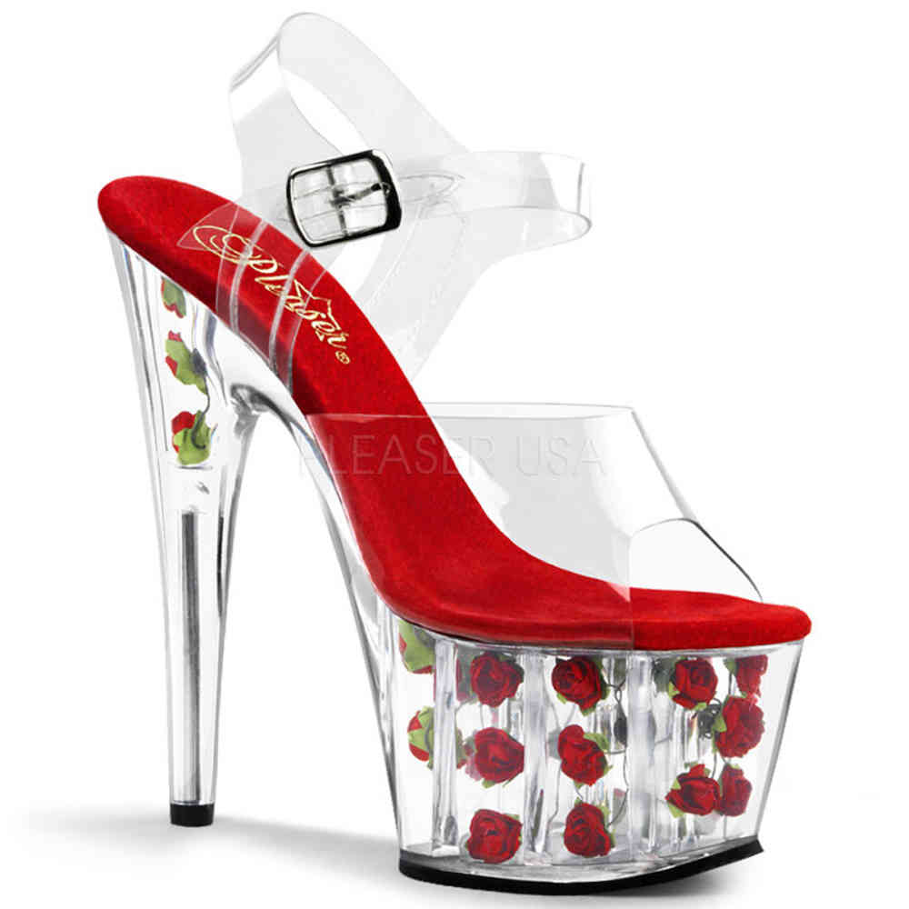 Pleaser - ADORE-708FL Sandale à bride à la cheville, Pole dance chaussures - Chaussures de pole dance - Rouge/Transparent